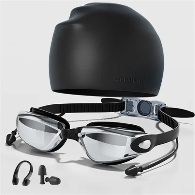 RESHEIR Anti Fog Adults Swimming Goggles Silicone Swim Cap with S  /  L Nose Bridge Nose Clip Ear Plugs - Black Electroplated