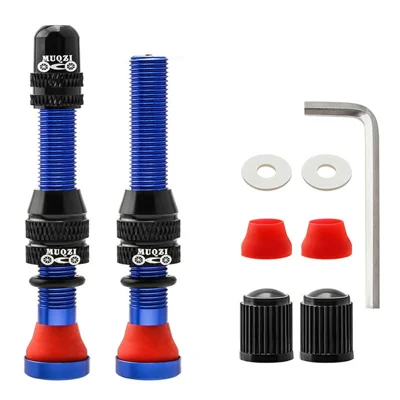 MUQZI 2PCS 60mm Schrader Valve Aluminum Alloy Tubeless Schrader Valve Stems Kits MTB and Road Bike with Removal Tool - 60mm Blue Set
