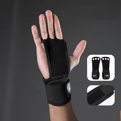 VBOSI 3304V 1 Pair Second-layer Cowhide 3-Hole Grips with Wrist Support Weightlifting Gloves for Deadlift Pull-up Gym Training - M Black