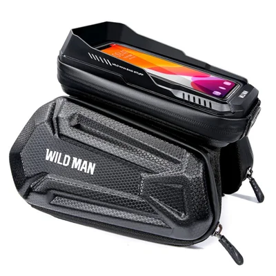 WILD MAN XT6 Bike Frame Bag 1.2L EVA Hard Shell Waterproof Touchscreen Phone Holder for MTB Road Cycling - Black/Honeycomb Texture