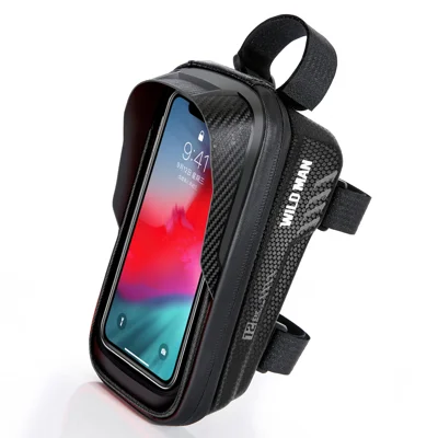 WILD MAN E12 Bolsa Impermeable de 1L con Carcasa Dura de EVA para Cuadro de Bicicleta, Bolsa con Pantalla Táctil para Ciclismo en Montaña - Negro