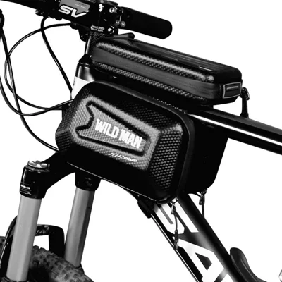 WILD MAN E6S 1.5L Bolsa de Cuadro Delantera para Bicicleta de Montaña con Carcasa Dura EVA, Bolsa Soporte para Teléfono con Pantalla Táctil para Ciclismo - Negro/Versión Mejorada