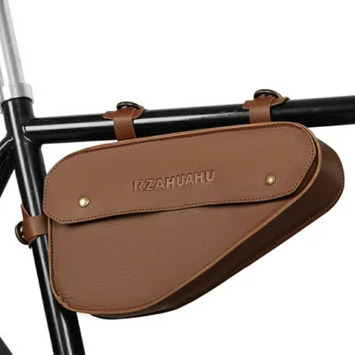 RZAHUAHU YA682 1.5L Waterproof PU Leather Bicycle Frame Bag Triangle Storage for Cycling - Dark Brown