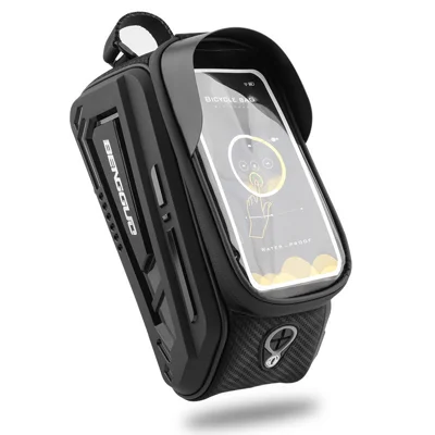 BENGGUO BG-0849 2L Bicycle Front Bag TPU Hard Shell Touchscreen Waterproof Sun Visor 3-Point Magic Tape Mount Phone Frame Bag - Black