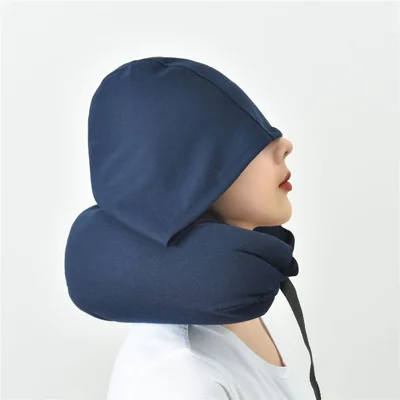 Travel Pillow Cotton U-Shape Head Rest Neck Pillow with Hood for Airplane Car Office - Dark Blue