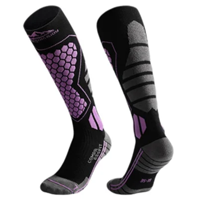 GOLOVEJOY DWZ04 1 Pair Sport Compression Socks Winter Warm High Tube Ski Calf Socks - Black+Purple / Size 35-39