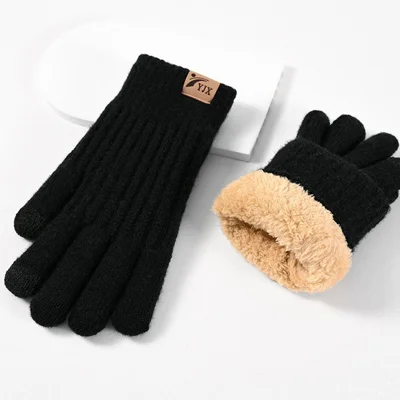 YJX A9904 Men Winter Touch Screen Gloves Polar Fleece Lined Full Finger Knit Mittens - Black