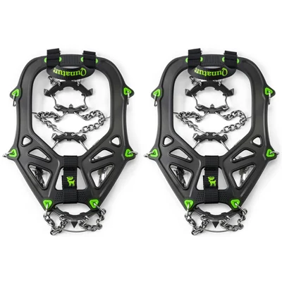 QUNATURE 22 Stainless Steel Teeth Ice Cleats for Shoes Cold Resistant Snow Traction Grips with Anti-Slip Hinge - S Size  /  Black Green