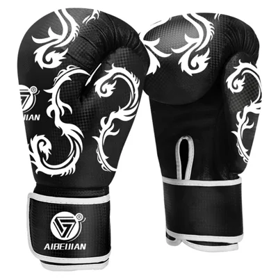 AIBEIJIAN 10oz Wave Pattern Boxing Gloves for Teenager Kickboxing PU Mitts - Black