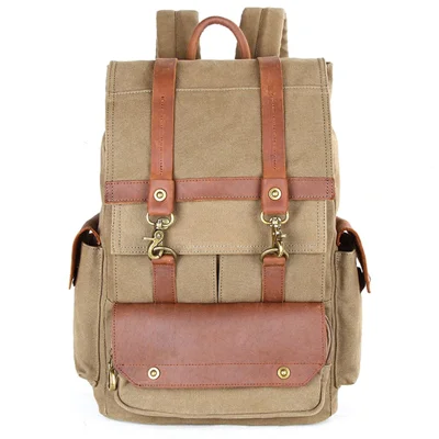 3073 Retro Casual Men Travel Backpack Canvas+Leather Laptop Dual Shoulder Bag - Army Green