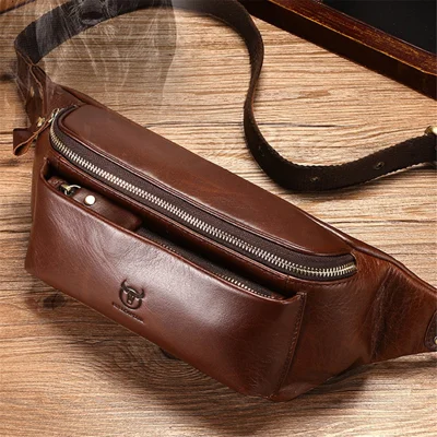 BULLCAPTAIN 081 Chest Bag Full Grain Cow Leather Crossbody Bag Large Daypack Waist Pack - Coffee
