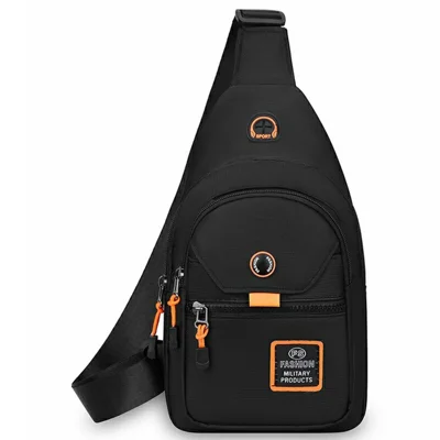 Stylish Casual Men Chest Bag Water Repellent Nylon Single Shoulder Crossbody Bag with Outer Decor - Horizontal Zipper / Black