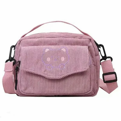 Vintage Corduroy Crossbody Bag Women College Style Handbag Flap Zipper Messenger Shoulder Bag - Pink
