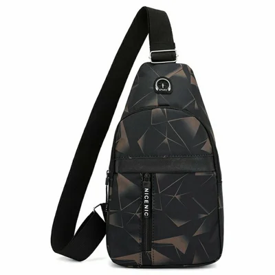 Fashion Geometric Print Chest Bag with Earphone Hole Nylon Single Shoulder Pack, Single Layer - Black