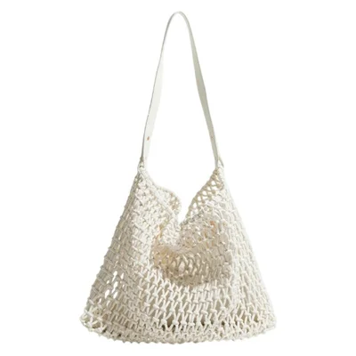 Hollow Woven Tote Bag Women Large Capacity Single Shoulder Handbag for Beach Travel - White