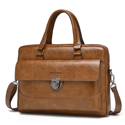 WEIXIER T616 PU Leather Men Business Briefcase Horizontal Crossbody Bag for 15.6 Inch Laptop - Light Brown
