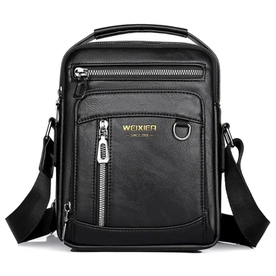 WEIXIER D844 Leather Messenger Bag Sling Crossbody Shoulder Pouch for Men Travel Work - Black
