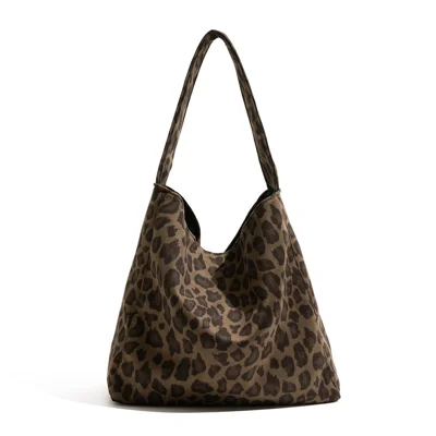 Fashion Leopard Print Handbag for Women Hobo Style Large Capacity Suede Shoulder Bag, 35 x 13 x 35cm - Brown
