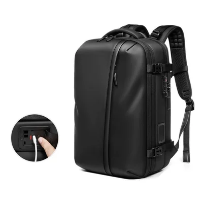 Mochila de Viaje de Gran Capacidad 7708 con Compresor de Vacío Integrado, Bolsa Negra Impermeable para Negocios con Cerradura TSA