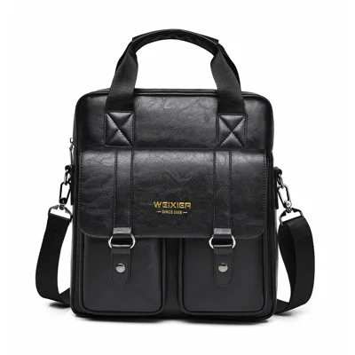 WEIXIER T667 Men Business Briefcase Large Capacity 12 inch Vertical Laptop Bag PU Leather Commuter Handbag - Black