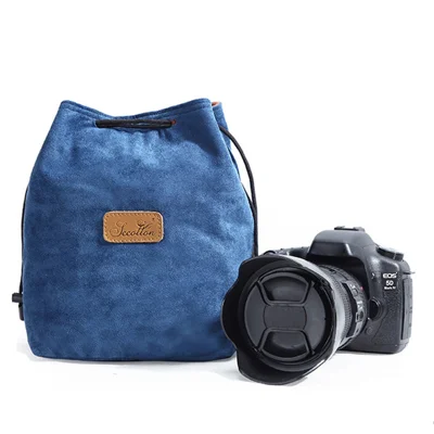 JCCOTTON FB-00001 Soft Liner Camera Bag for Canon Nikon DSLR Shockproof Drawstring Lens Carrying Bag, Square/Size L - Blue