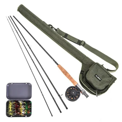 28010-T 7 / 8 Fly Fishing Rod Set 4 Section Carbon Fiber Rod with Reel + 20 Flies + Carry Bag