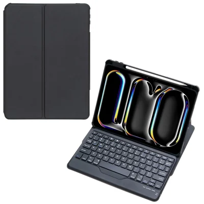 L13-B For iPad Pro 11 (2024) PU Leather+Acrylic Tablet Rotary Stand Cover with Keyboard - Black