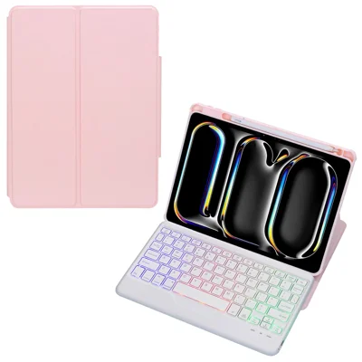 L13-BS For iPad Pro 11 (2024) PU+Acrylic Tablet Rotary Stand Cover with Backlit Bluetooth-compatible Keyboard - Pink