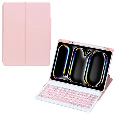 YL13 For iPad Pro 11 (2024) PU+Acrylic Rotary Stand Tablet Cover with Round Key Keyboard - Pink