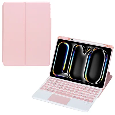 YL13-A For iPad Pro 11 (2024) PU+Acrylic Rotary Stand Tablet Cover with Round Key Touchpad Keyboard - Pink