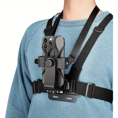 Arnês de Montagem com Suporte de Telemóvel Rotativo 360 Graus, com Anti-Vibração, Correia Torácica para Câmaras de Ação para Transmissões em Direto - Preto