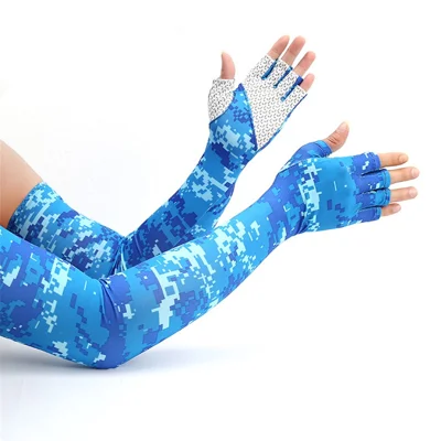Protection UV Manches De Refroidissement Demi-doigt Gants Manches Hommes Hommes Sports Soleil Sun Manches Avec Trou De La Conduite Golfe Pêche Cyclisme Randonnée À Faire Du Sport - Camouflage Bleu