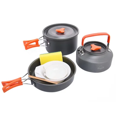 WIDESEA WSC-203J Suitable for 2-3 People Aluminum Camping Cookware Set Lightweight Outdoor Picnic Boiling Pot Teapot Frying Pan (BPA-free, No FDA Certified) - Grey/Orange
