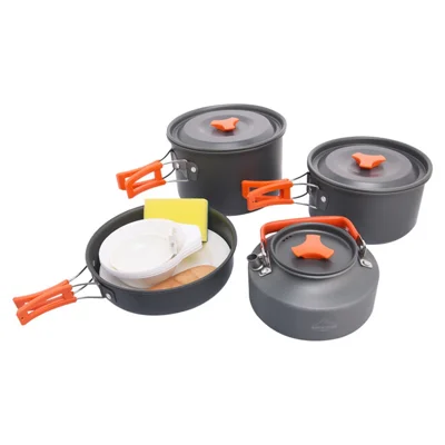 WIDESEA WSC-205J Portable Handle Pan Temperature Resistant Camping Pot Cookware Set with Water Bottle for 3-4 People (No FDA, BPA-Free) - Grey/Orange