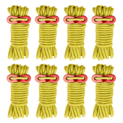 8 paquets de corde de tente réfléchissante lumineuse de haute résistance pour le camping en plein air avec tendeur en alliage d'aluminium - Jaune