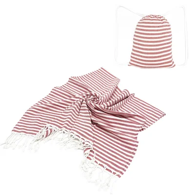 100x180cm Striped Beach Towel with Storage Backpack Tassel Decor Large Spa Towel - Red
