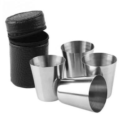 30ml Outdoor 201 Stainless Steel Shot Glass Set 4 PCS Mini Cups with PU Leather Case For Camping / Picnic