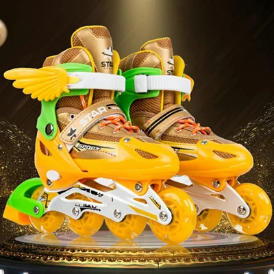 1 Pair Children Full Flash 8 Wheels Roller Skates Skating Shoes with Helmet and Protective Gear , Size M - Gold