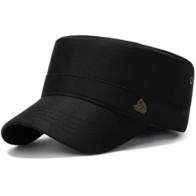 JUNGLE BILL Fashion Casual Flat Top Cap Outdoor Quick Dry Waterproof Sun Protection Hat with Metal Badge - Black