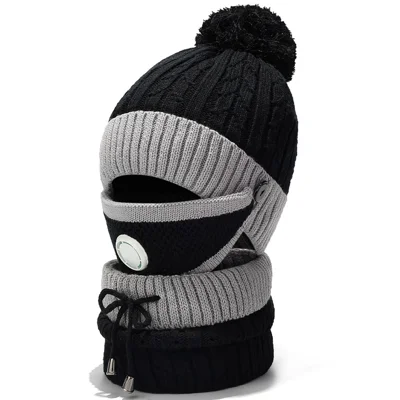 2025D14 Winter Windproof Knit Beanie Hat Face Mask Neck Warmer 3-Piece Set - Black+Grey