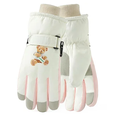 Windproof Skiing Gloves for Boys Girls Bear Print Fleece Lined Kids Winter Touchscreen Gloves - White  /  Pink