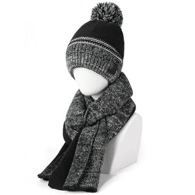 JUNGLEBILL 2Pcs / Set Winter Windproof Knit Scarf and Thermal Fleece Lined Beanie Hat with Pompom for Adult / Children - Black+Grey / Adult