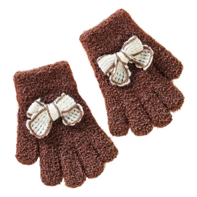 Guantes de invierno para niños con lazo decorativo a prueba de viento, gruesos y de dedo completo - Café