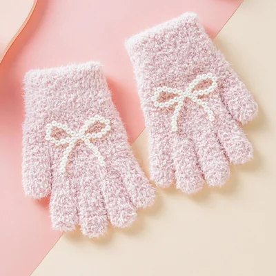 C5576 1 Pair For Children Faux Pearl Bowknot Full Finger Gloves Elastic Wrist Warm Winter Mittens - Pink