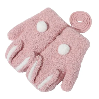 DRST26 Winter Gloves for Children 2-6 Years Old Thick Fleece Lined Cute Rabbit Ears and Tail Mittens with Neck Strap - Deep Pink