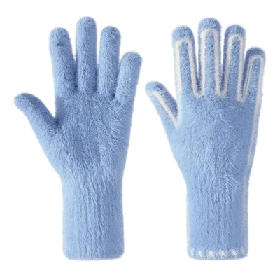 DZ155 Winter Gloves with Touchscreen Compatible Fingertip Holes Warm Faux Mink Fur Mittens for Women - Blue