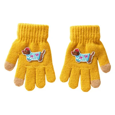C5567 1Pair Kids Winter Gloves Cute Cartoon Dog Design Warm Knitted Mittens for Children - Yellow