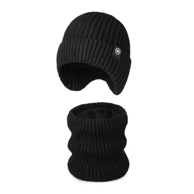 Winter Acrylic Snowflake Knit Hat and Neck Warmer Set Fleece Lined Elastic Beanie with Scarf for Cold Weather - Black