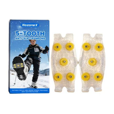HOZONEX 5 Teeth Ice Cleats Anti Slip Crampon Outdoor Snow Mountain Climbing Anti Skid Grip Shoe Spikes - 1 Pair