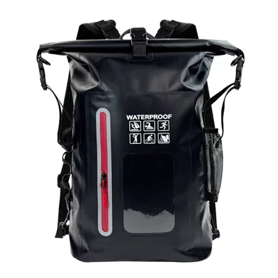 25L Outdoor IPX6 Waterproof Backpack Roll Top Reflective PVC Dry Bag for Swimming Rafting - Black